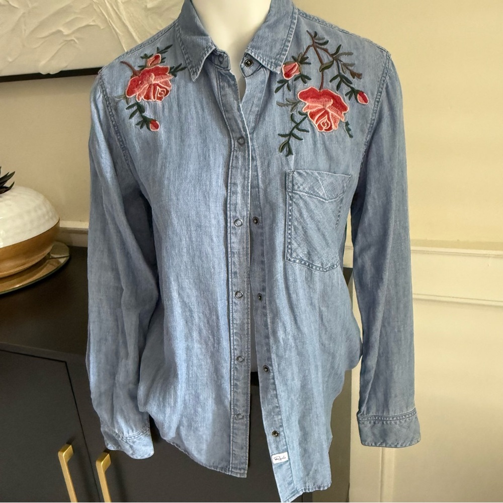Rails Blue Denim Blouse with Red Floral Embroidery
